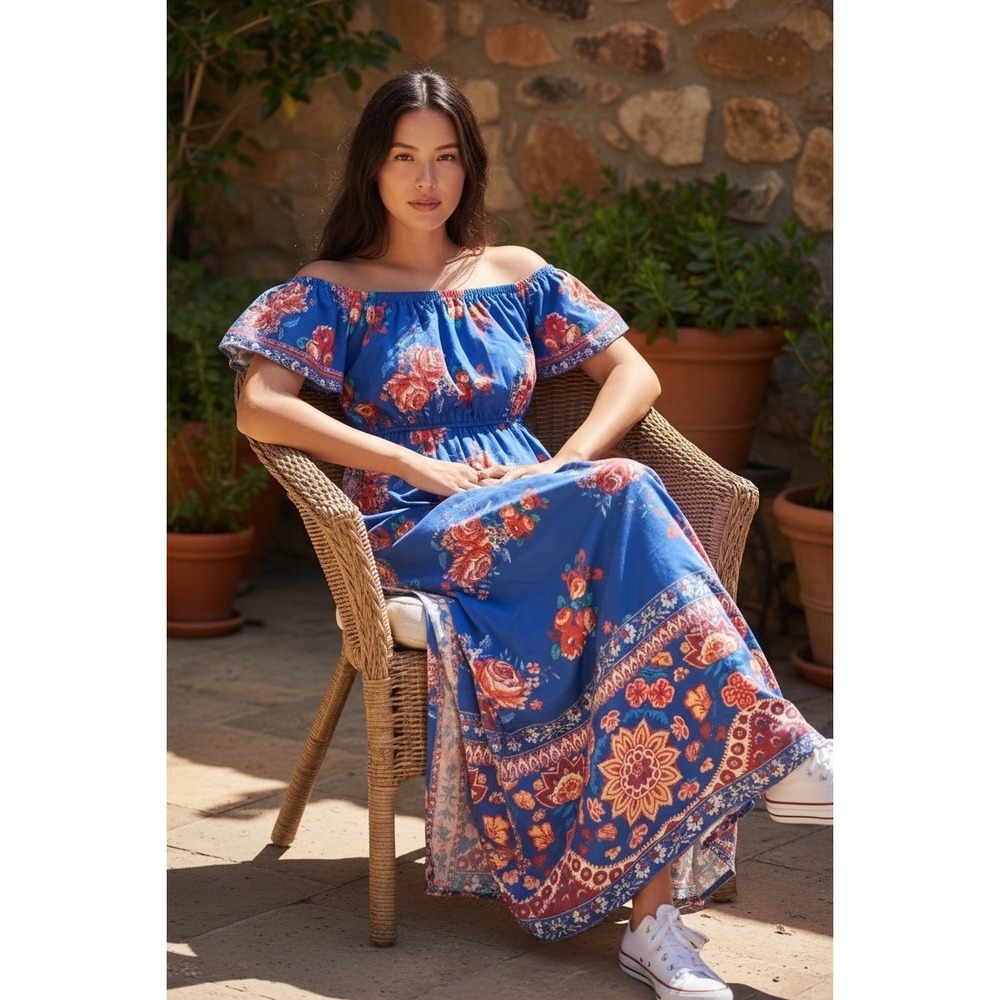 Flying Tomato Floral Maxi‎ Dress Womens Small Blue Off Shoulder Boho ID16636-TJ